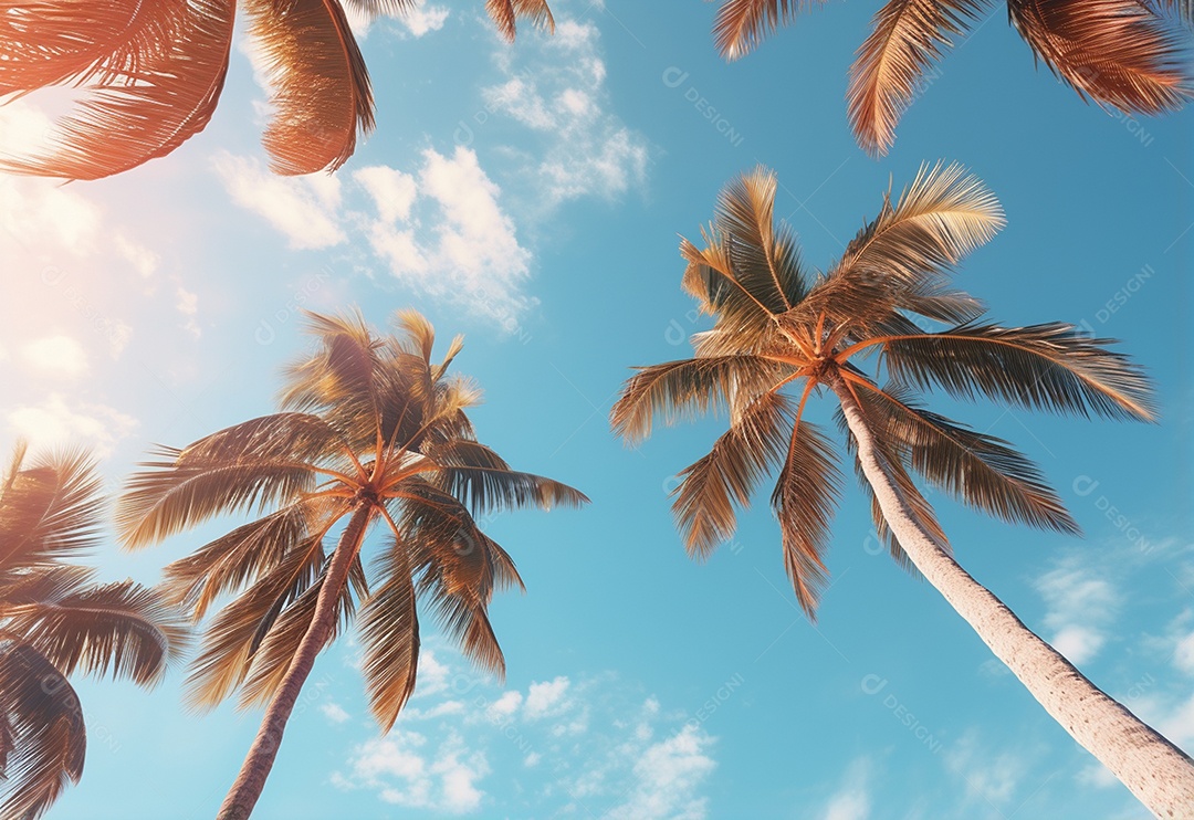 Céu azul e palmeiras vista de baixo, estilo vintage, praia tropical e fundo de verão, imagem realista do conceito de viagem