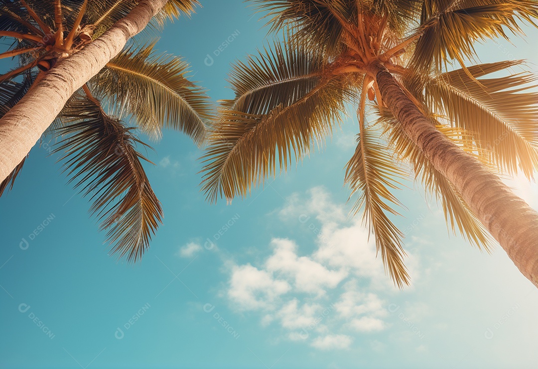 Céu azul e palmeiras vista de baixo, estilo vintage, praia tropical e fundo de verão, imagem realista do conceito de viagem