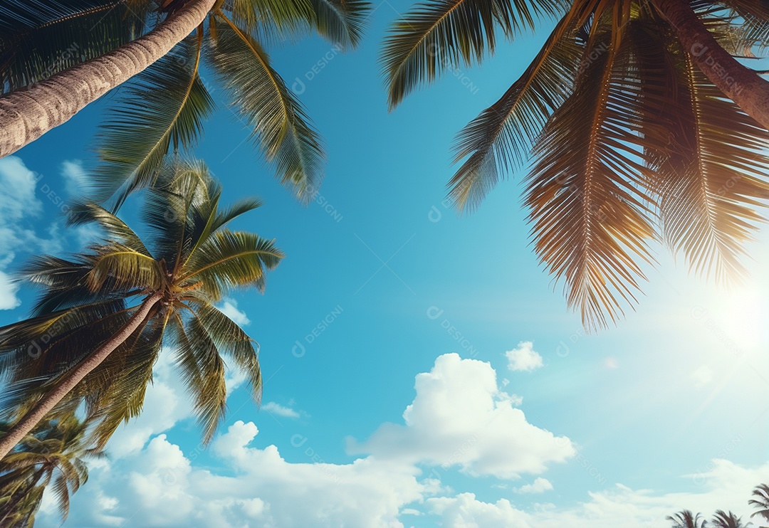 Céu azul e palmeiras vista de baixo, estilo vintage, praia tropical e fundo de verão, imagem realista do conceito de viagem