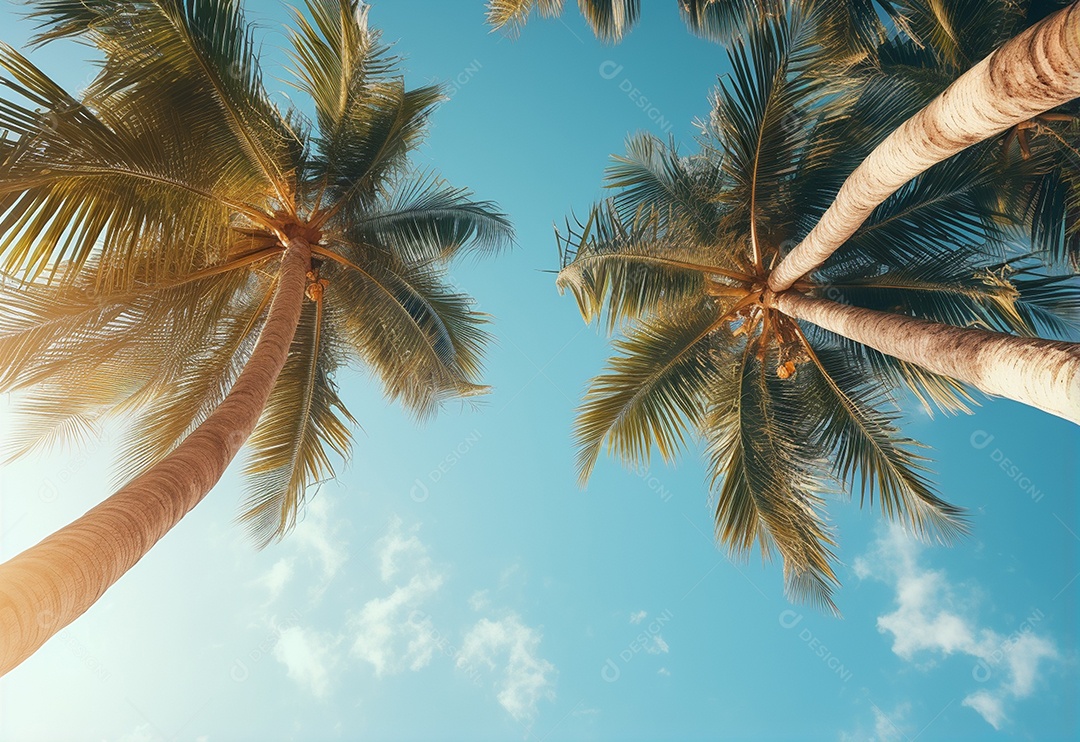 Céu azul e palmeiras vista de baixo, estilo vintage, praia tropical e fundo de verão, imagem realista do conceito de viagem
