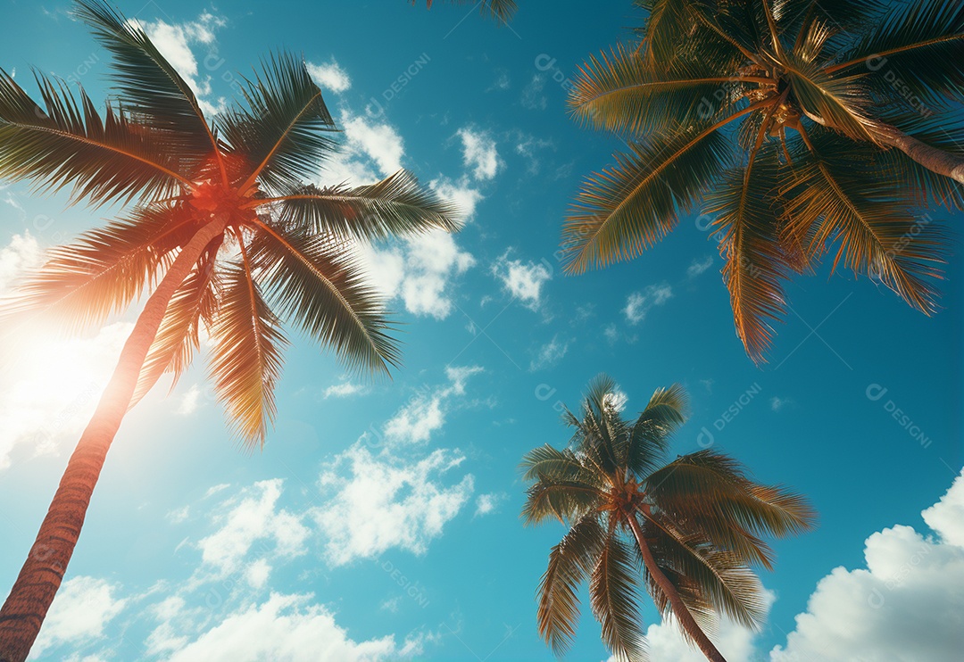 Céu azul e palmeiras vista de baixo, estilo vintage, praia tropical e fundo de verão, imagem realista do conceito de viagem