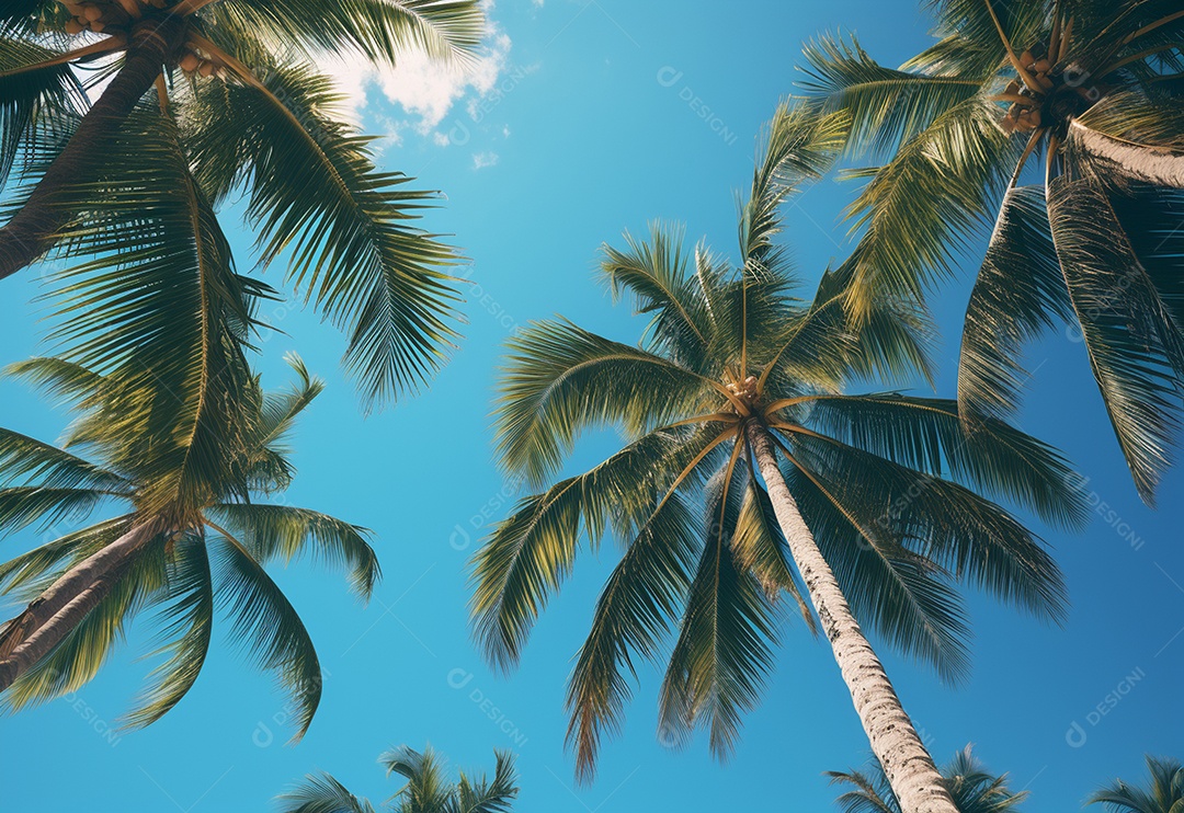 Céu azul e palmeiras vista de baixo, estilo vintage, praia tropical e fundo de verão, imagem realista do conceito de viagem