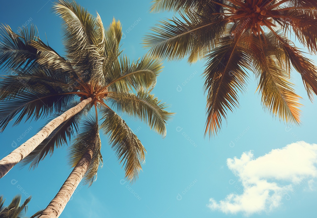 Céu azul e palmeiras vista de baixo, estilo vintage, praia tropical e fundo de verão, imagem realista do conceito de viagem