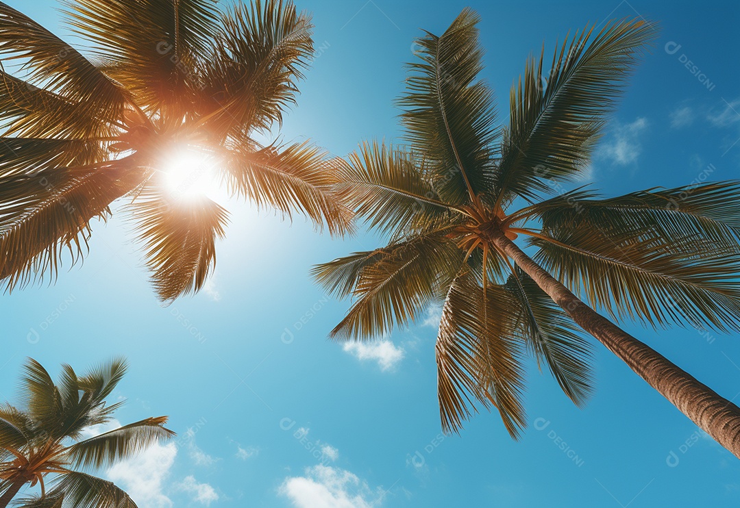 Céu azul e palmeiras vista de baixo, estilo vintage, praia tropical e fundo de verão, imagem realista do conceito de viagem