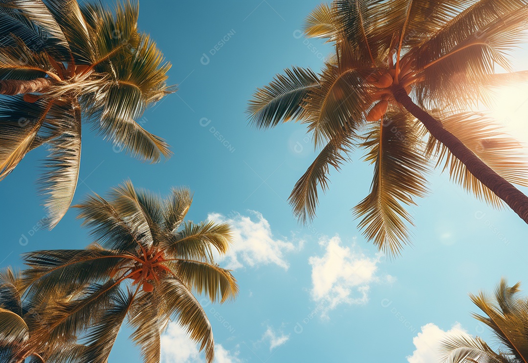 Céu azul e palmeiras vista de baixo, estilo vintage, praia tropical e fundo de verão, imagem realista do conceito de viagem
