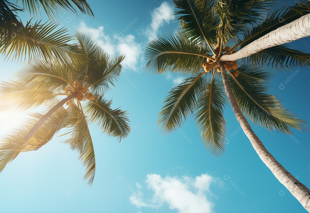 Céu azul e palmeiras vista de baixo, estilo vintage, praia tropical e fundo de verão, imagem realista do conceito de viagem