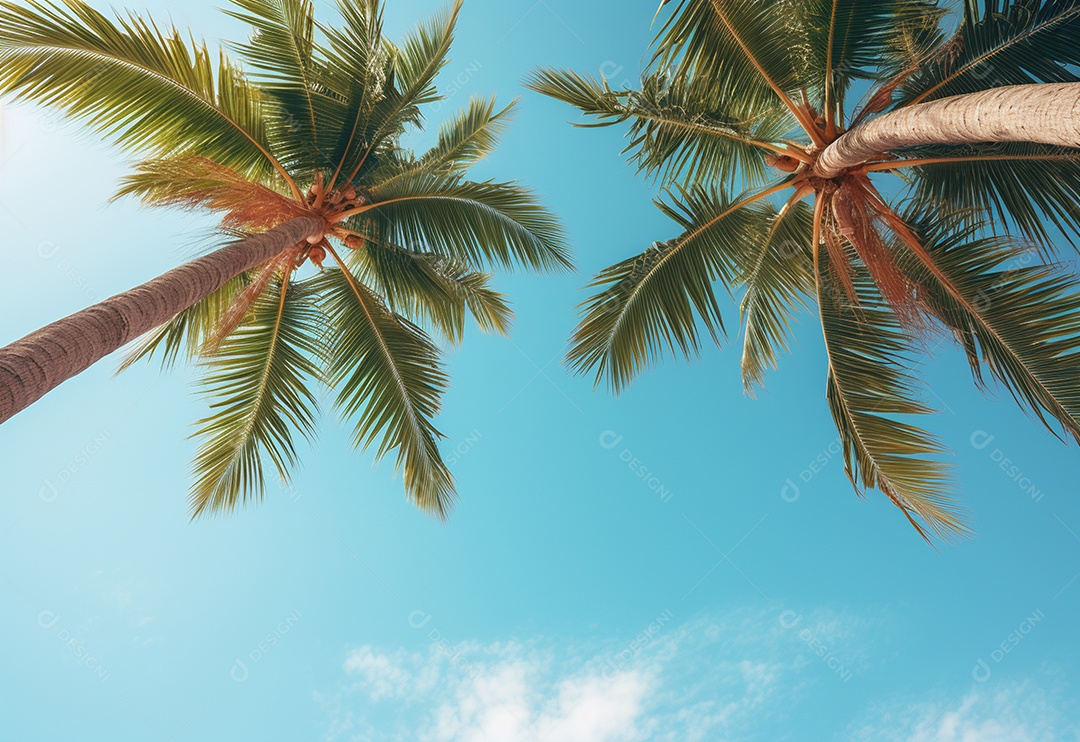 Céu azul e palmeiras vista de baixo, estilo vintage, praia tropical e fundo de verão, imagem realista do conceito de viagem