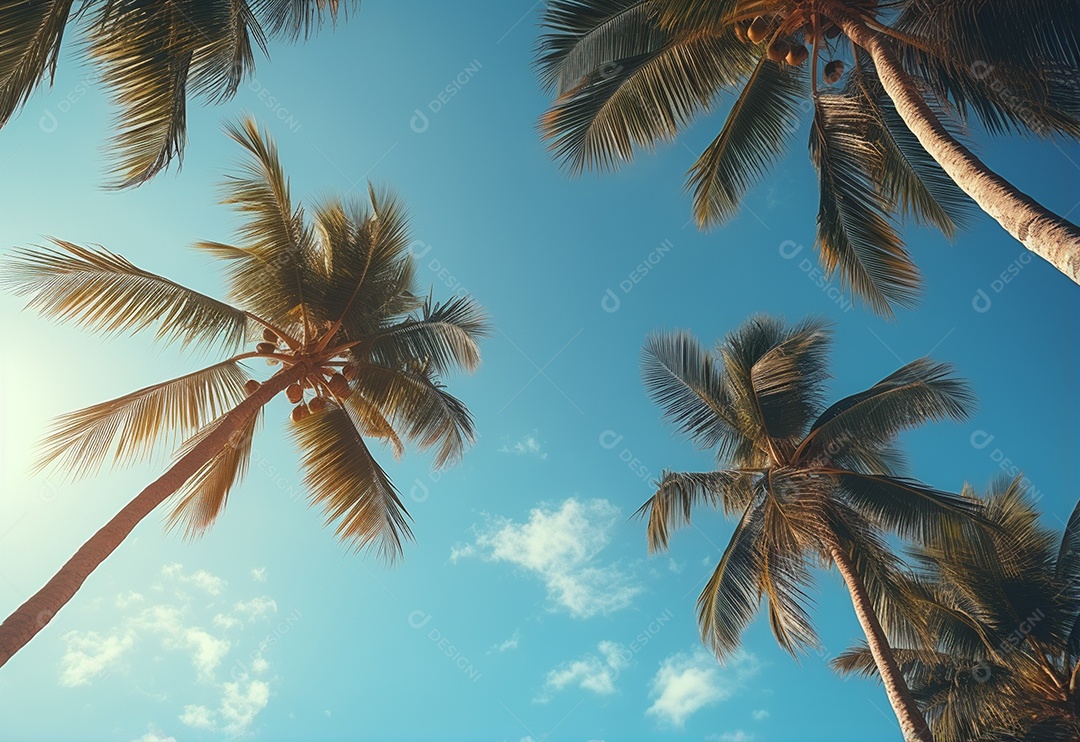 Céu azul e palmeiras vista de baixo, estilo vintage, praia tropical e fundo de verão, imagem realista do conceito de viagem