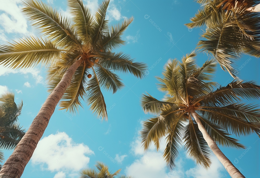 Céu azul e palmeiras vista de baixo, estilo vintage, praia tropical e fundo de verão, imagem realista do conceito de viagem