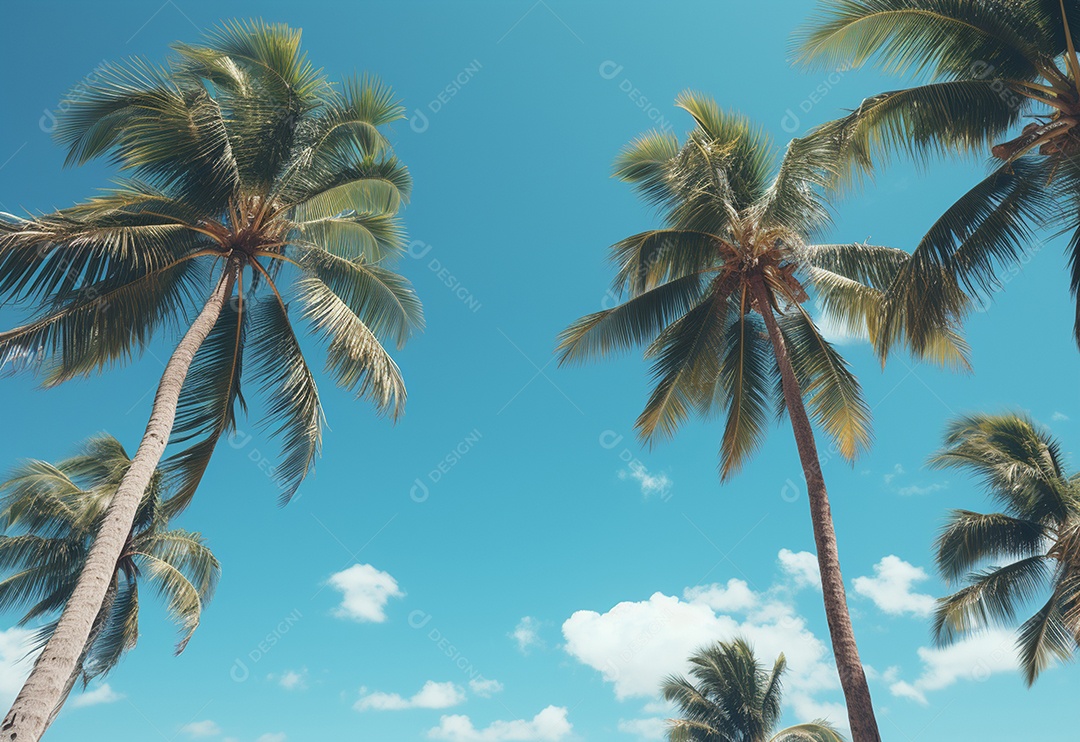 Céu azul e palmeiras vista de baixo, estilo vintage, praia tropical e fundo de verão, imagem realista do conceito de viagem