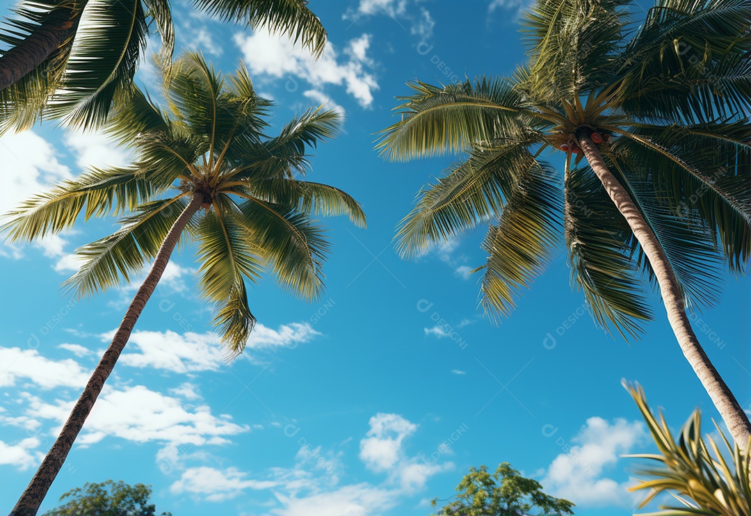 Céu azul e palmeiras vista de baixo, estilo vintage, praia tropical e fundo de verão, imagem realista do conceito de viagem