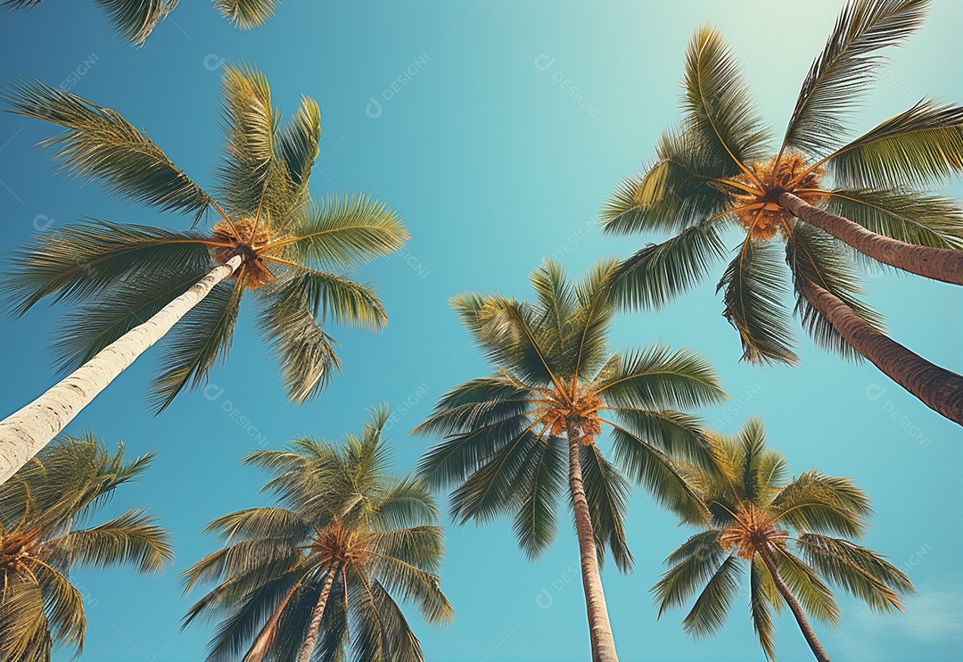 Céu azul e palmeiras vista de baixo, estilo vintage, praia tropical e fundo de verão, imagem realista do conceito de viagem