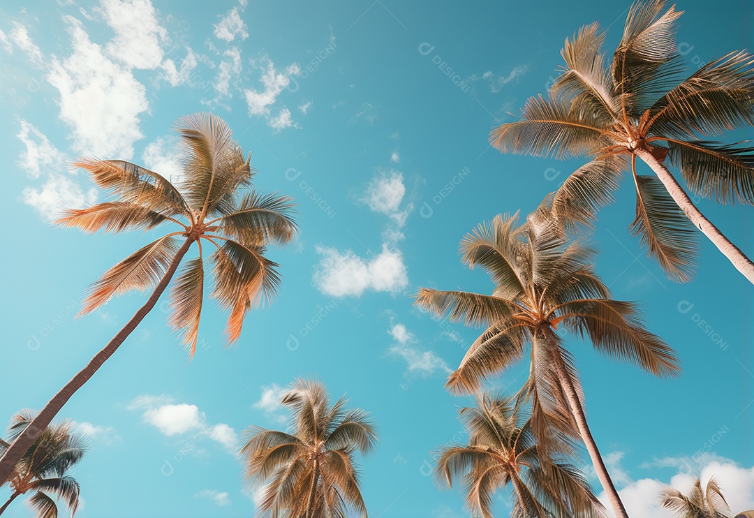 Céu azul e palmeiras vista de baixo, estilo vintage, praia tropical e fundo de verão, imagem realista do conceito de viagem