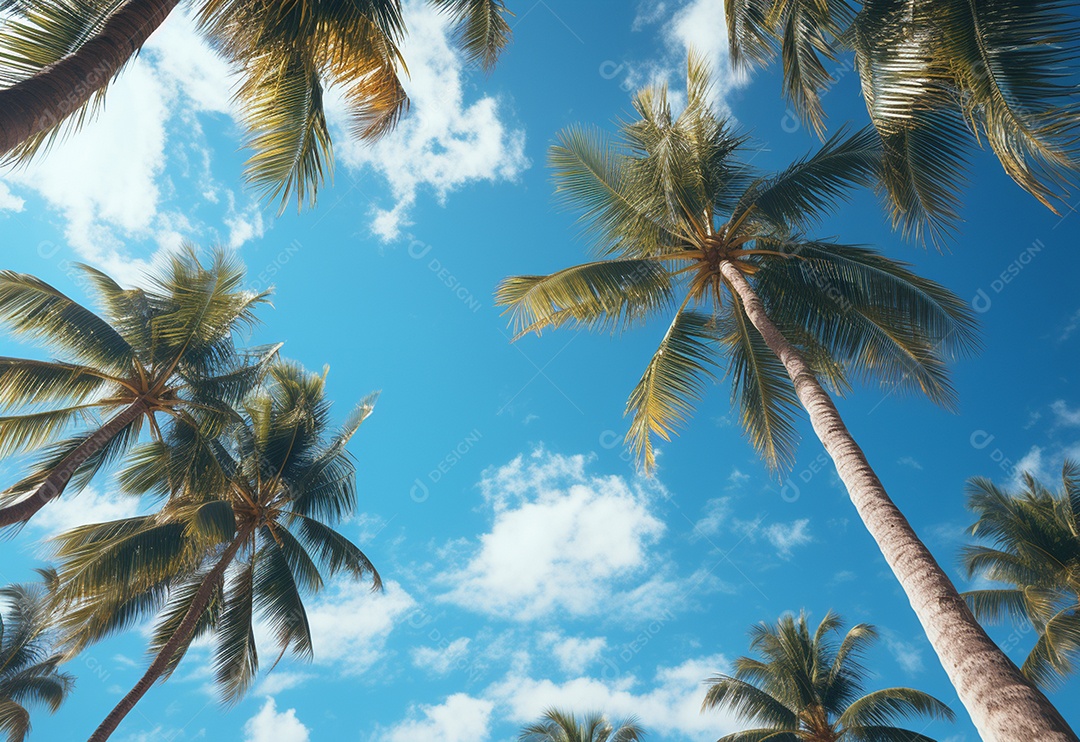 Céu azul e palmeiras vista de baixo, estilo vintage, praia tropical e fundo de verão, imagem realista do conceito de viagem
