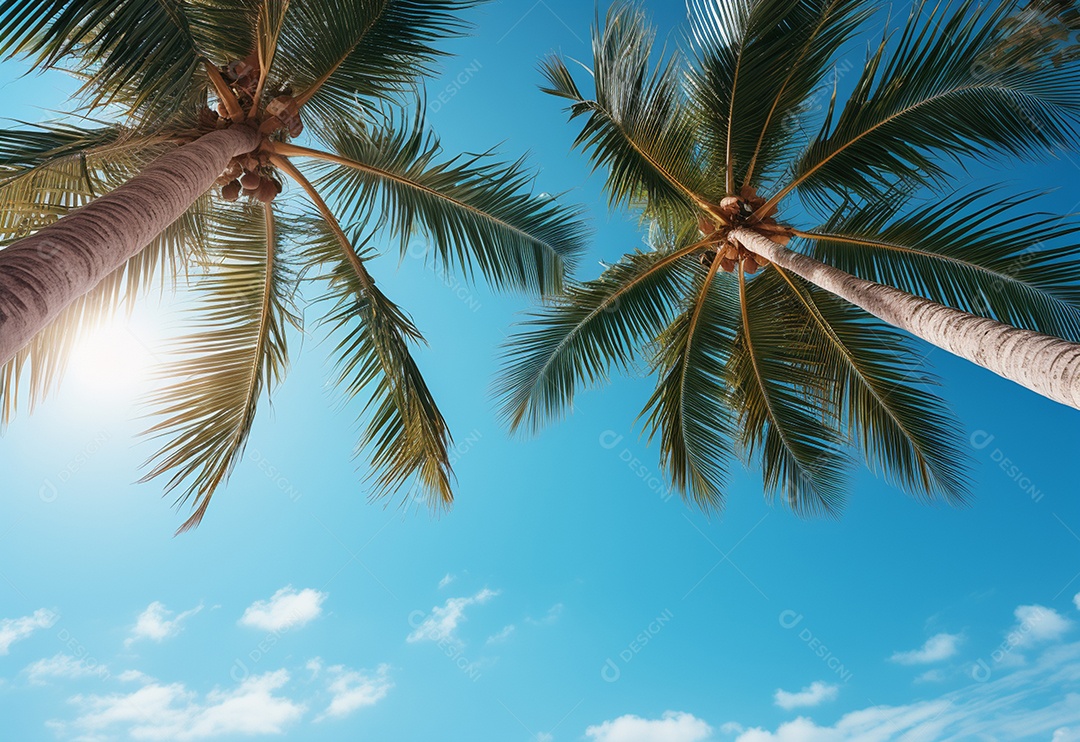 Céu azul e palmeiras vista de baixo, estilo vintage, praia tropical e fundo de verão, imagem realista do conceito de viagem