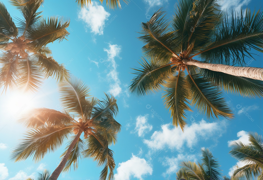 Céu azul e palmeiras vista de baixo, estilo vintage, praia tropical e fundo de verão, imagem realista do conceito de viagem