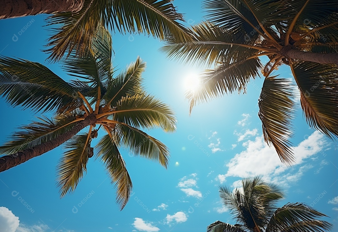 Céu azul e palmeiras vista de baixo, estilo vintage, praia tropical e fundo de verão, imagem realista do conceito de viagem