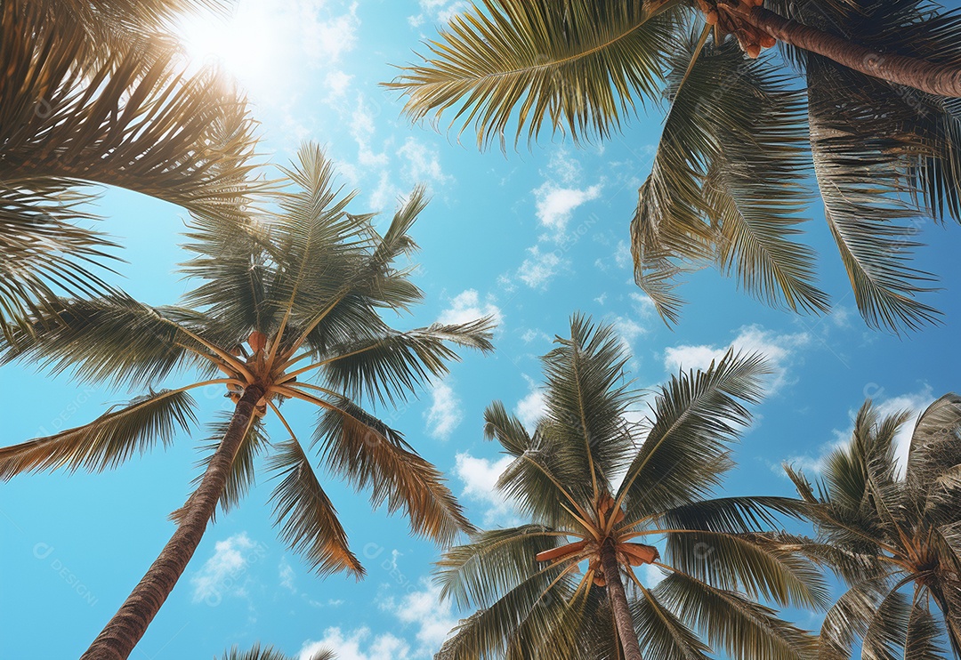 Céu azul e palmeiras vista de baixo, estilo vintage, praia tropical e fundo de verão, imagem realista do conceito de viagem