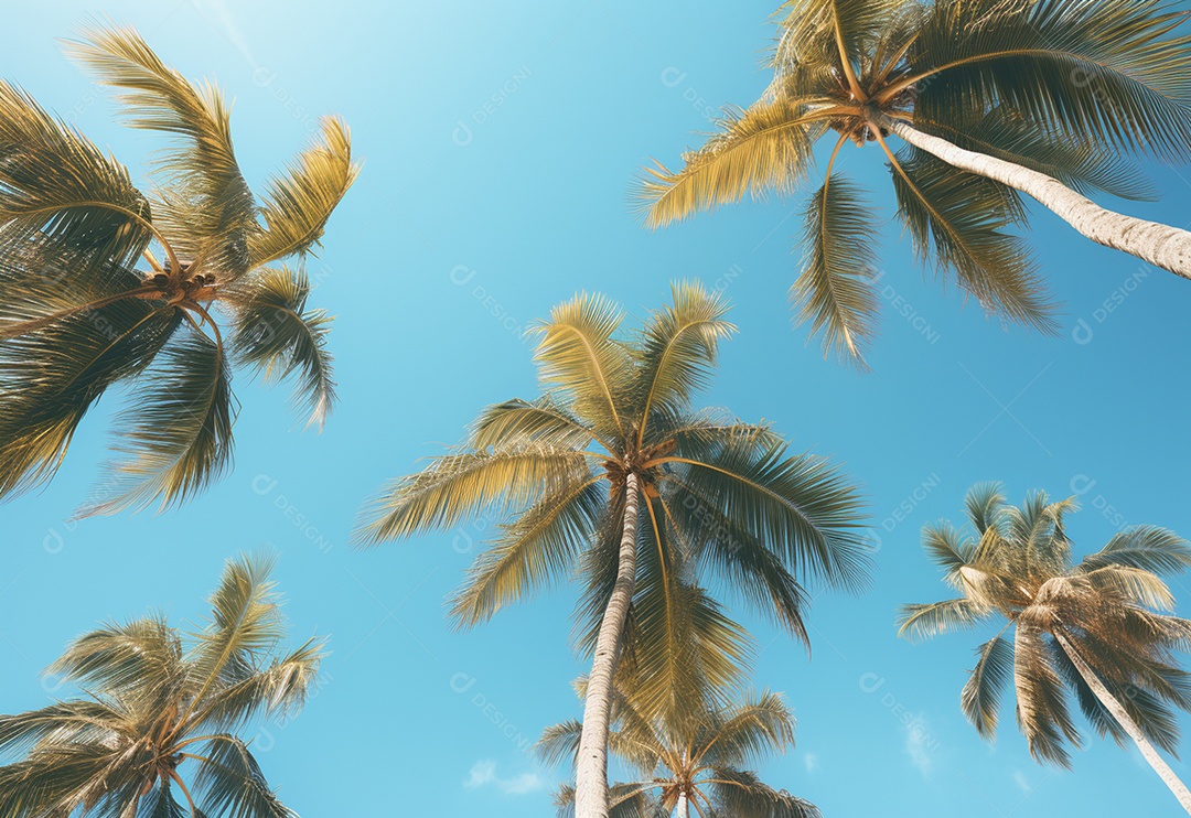 Céu azul e palmeiras vista de baixo, estilo vintage, praia tropical e fundo de verão, imagem realista do conceito de viagem