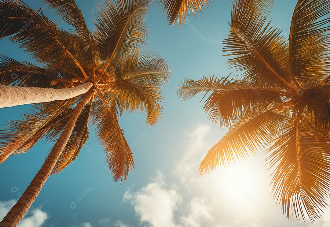 Céu azul e palmeiras vista de baixo, estilo vintage, praia tropical e fundo de verão, imagem realista do conceito de viagem