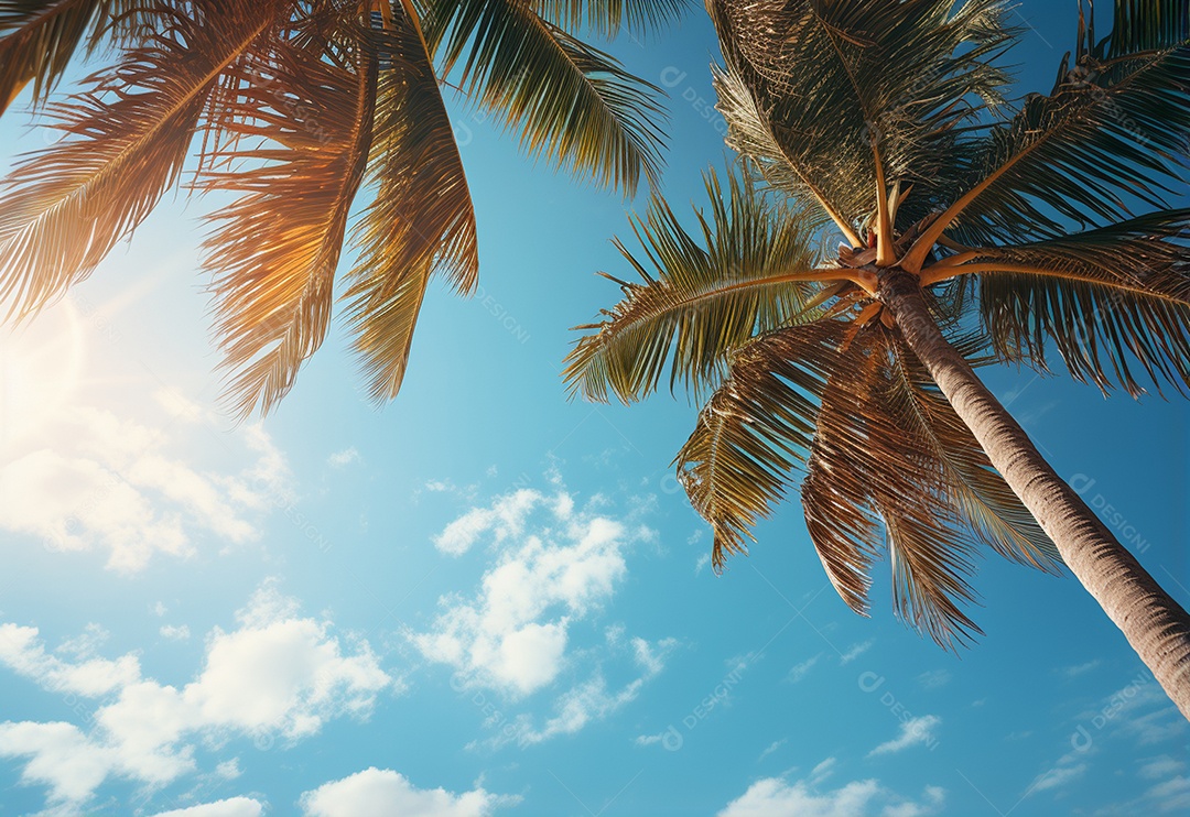 Céu azul e palmeiras vista de baixo, estilo vintage, praia tropical e fundo de verão, imagem realista do conceito de viagem