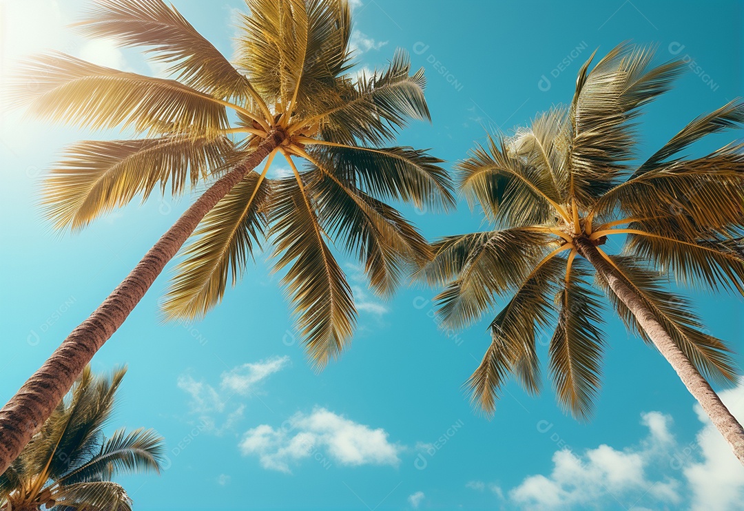 Céu azul e palmeiras vista de baixo, estilo vintage, praia tropical e fundo de verão, imagem realista do conceito de viagem