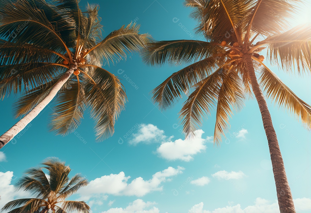 Céu azul e palmeiras vista de baixo, estilo vintage, praia tropical e fundo de verão, imagem realista do conceito de viagem