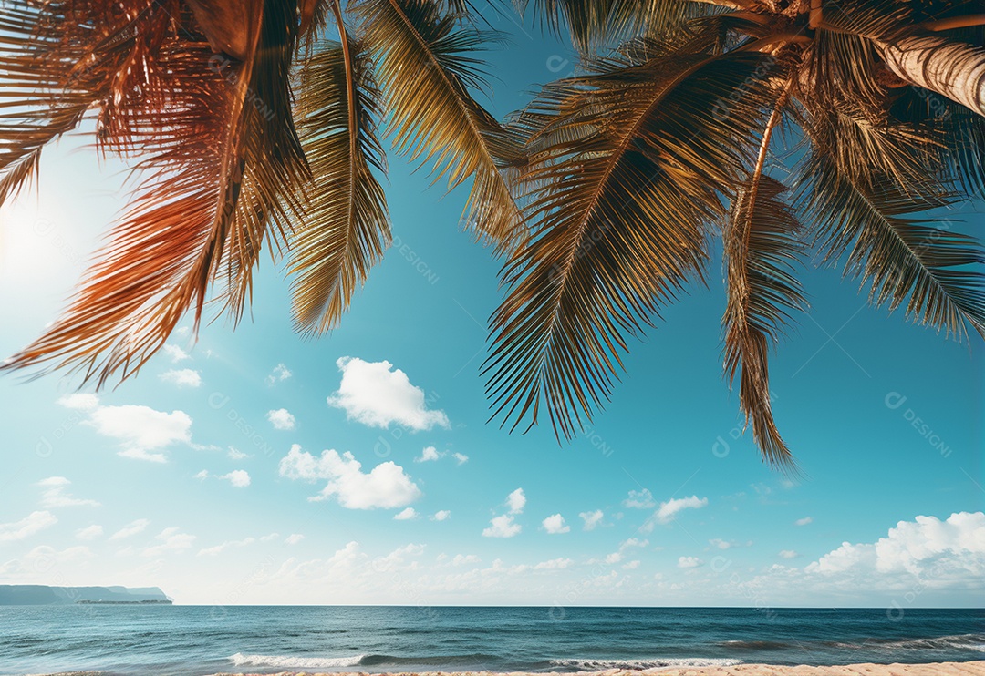 Céu azul e palmeiras vista de baixo, estilo vintage, praia tropical e fundo de verão, imagem realista do conceito de viagem