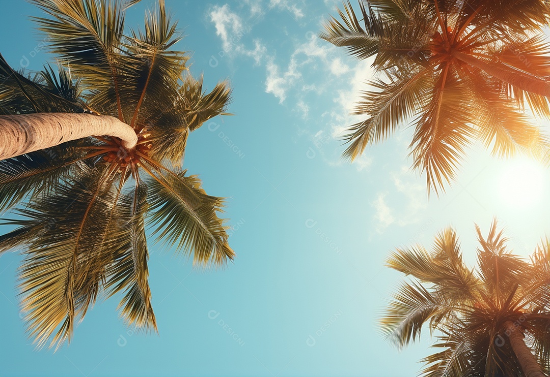 Céu azul e palmeiras vista de baixo, estilo vintage, praia tropical e fundo de verão, imagem realista do conceito de viagem