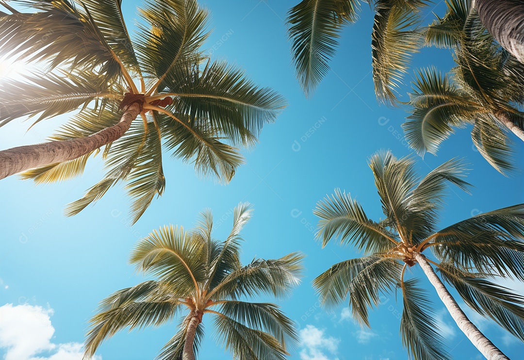 Céu azul e palmeiras vista de baixo, estilo vintage, praia tropical e fundo de verão, imagem realista do conceito de viagem