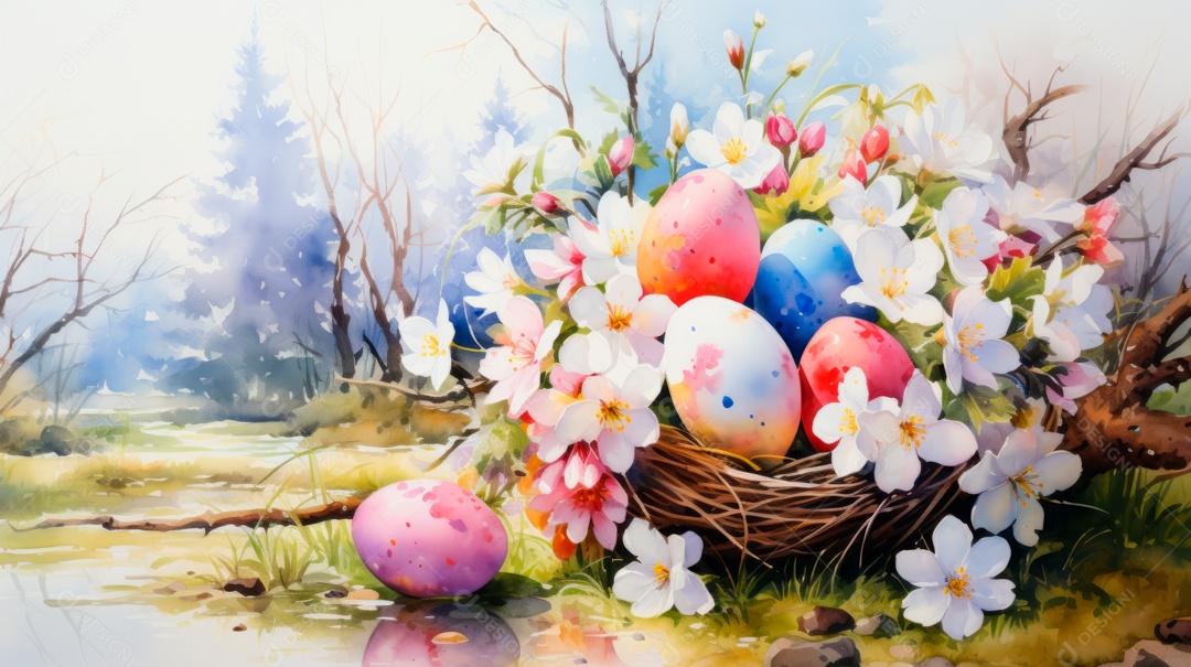 Ovos da páscoa ao lado de flores.