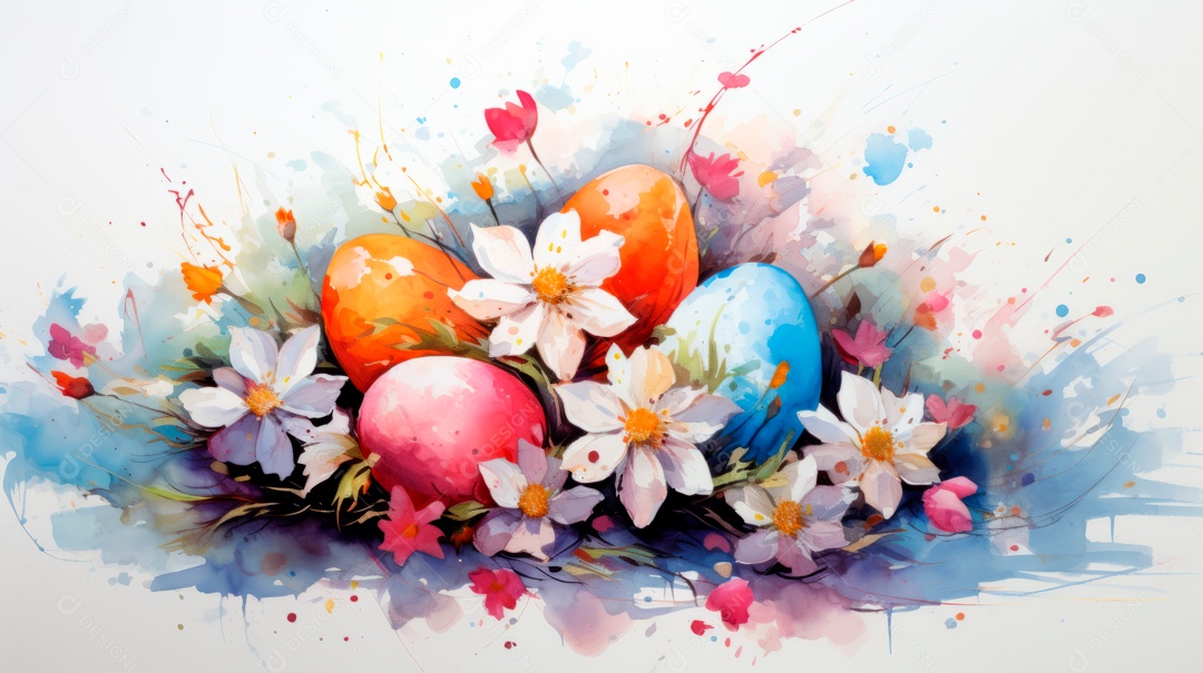 Ovos da páscoa ao lado de flores.