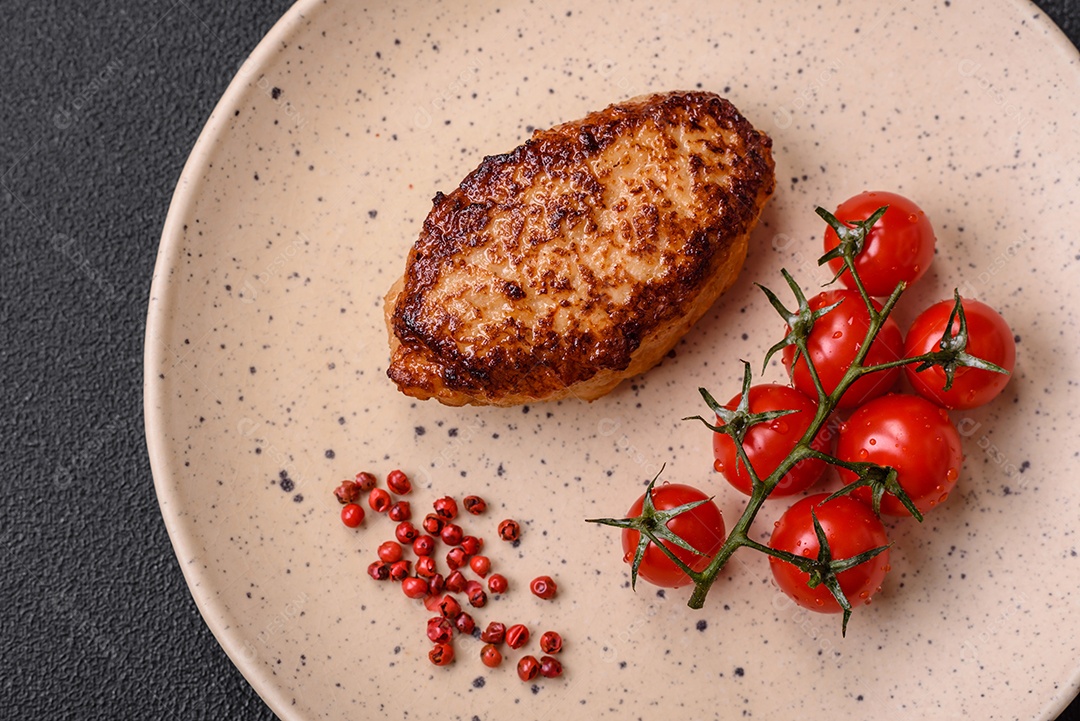 Deliciosa costeleta de soja vegetariana frita fresca com sal, especiarias e ervas com legumes em uma placa de cerâmica sobre um fundo escuro de concreto