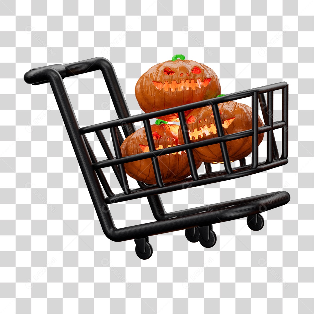 Elemento 3D Carrinho de Compras com Abóbora Halloween para Composição PNG Transparente