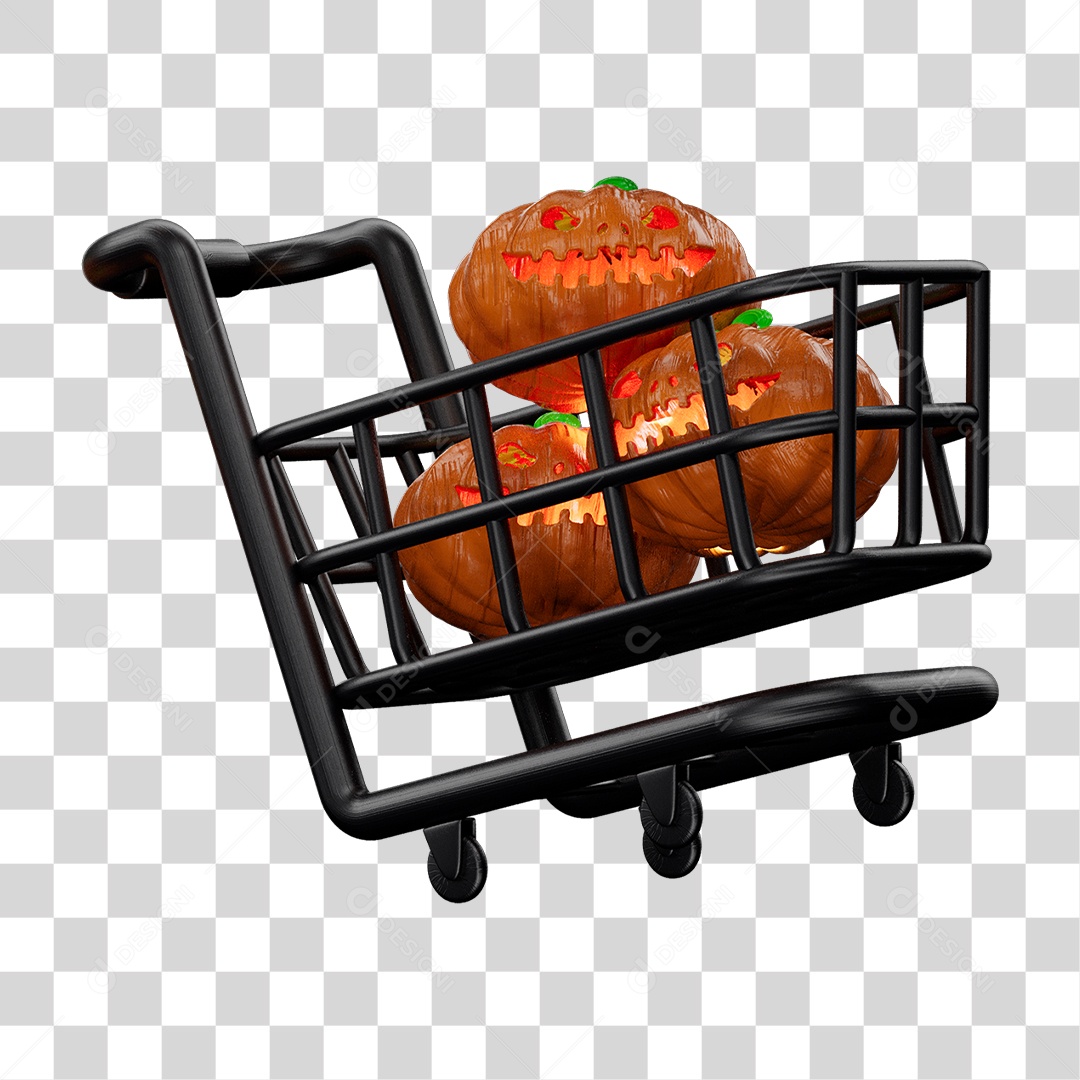 Elemento 3D Carrinho de Compras com Abóbora Halloween para Composição PNG Transparente