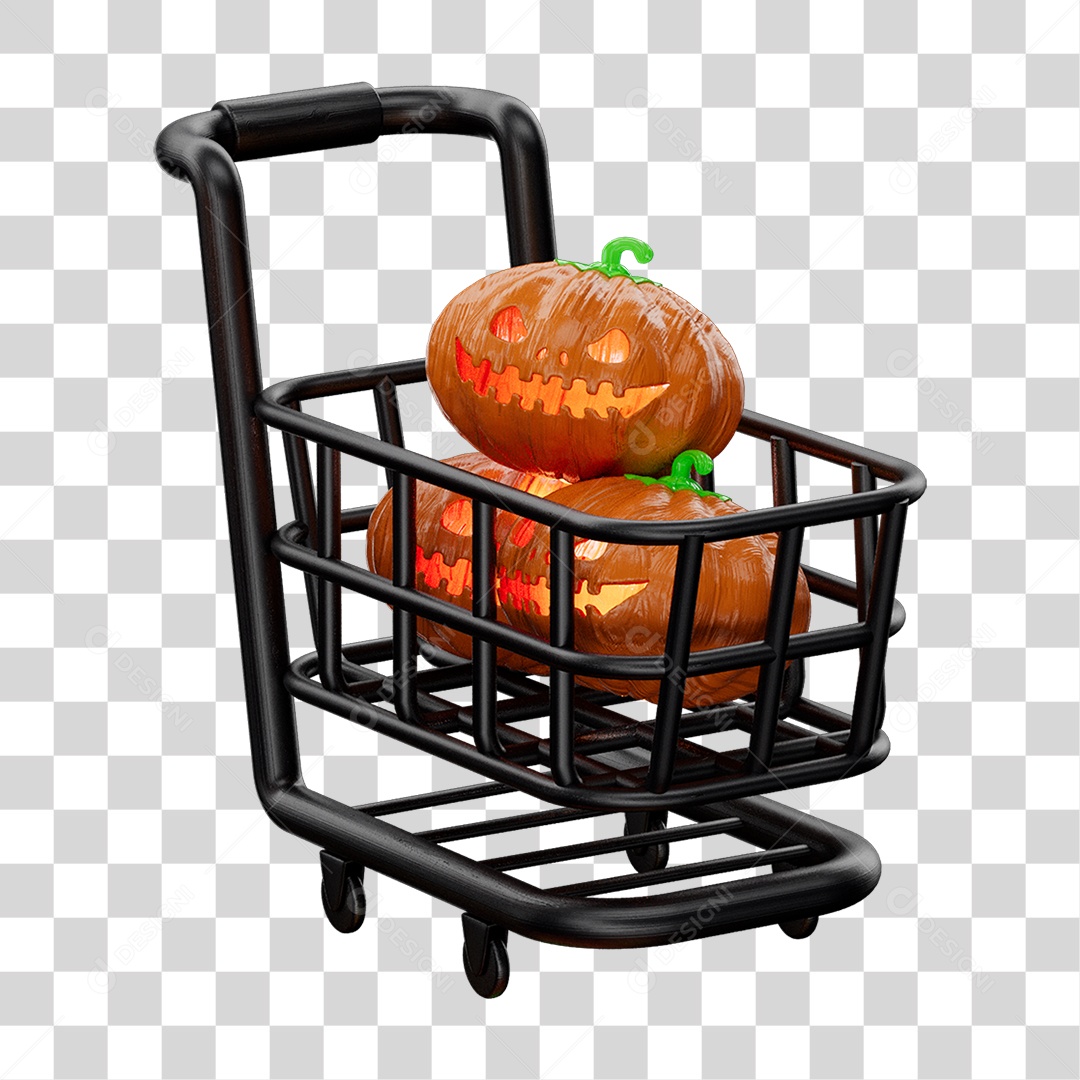 Elemento 3D Carrinho de Compras com Abóbora Halloween para Composição PNG Transparente