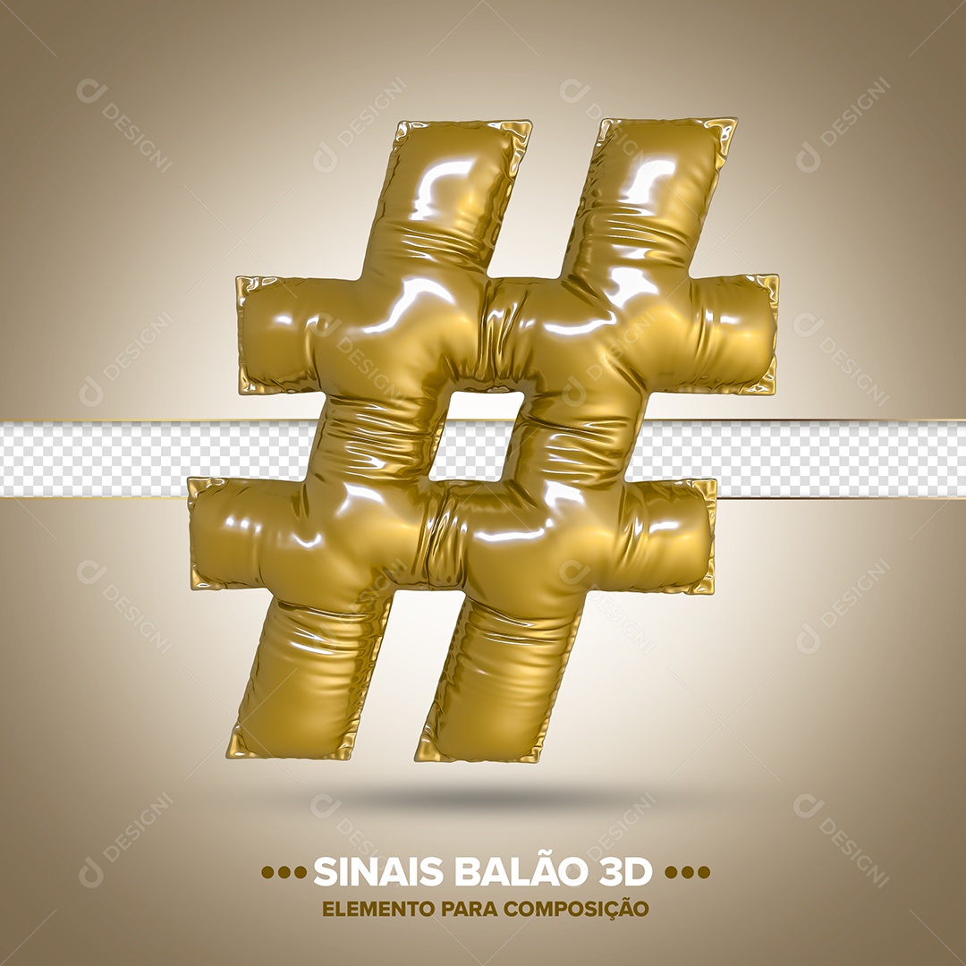 Elemento 3D Balão Dourado De Sinal Hashtag Para Composição PSD