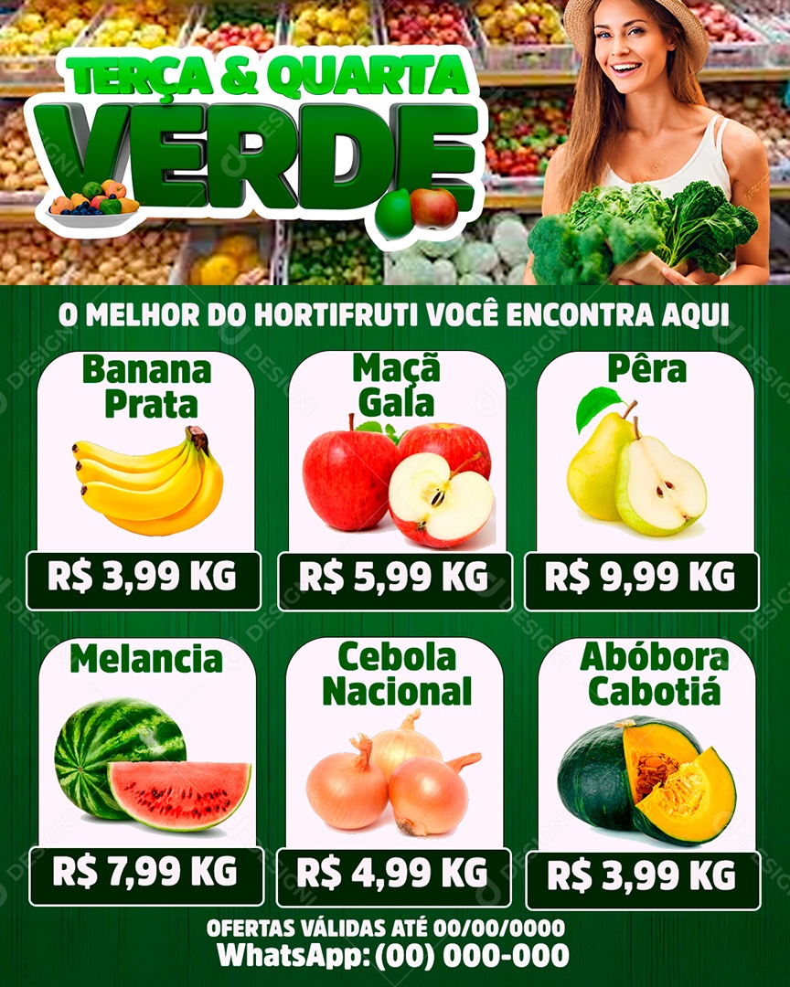 Encarte Terça Quarta Banana Prata Maça Melancia Social Media PSD Editável