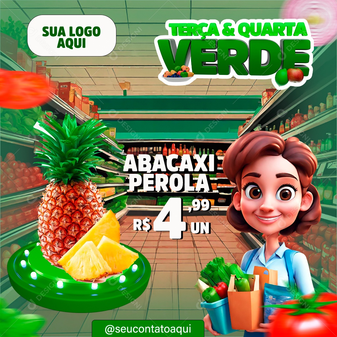 Terça Quarta Verde Abacaxi Pérola Social Media PSD Editável
