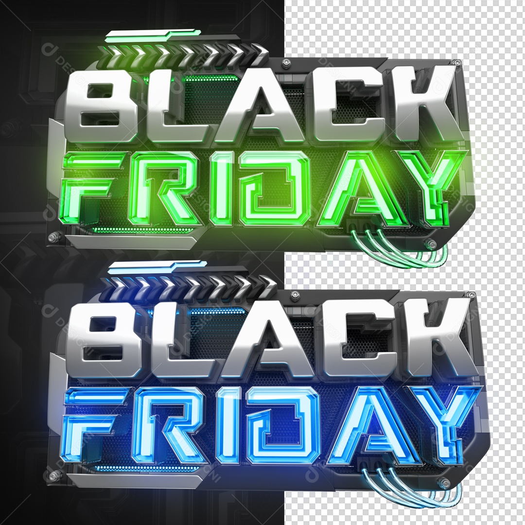 Black Friday Selos 3D Branco Verde e Azul Neon para Composição PSD