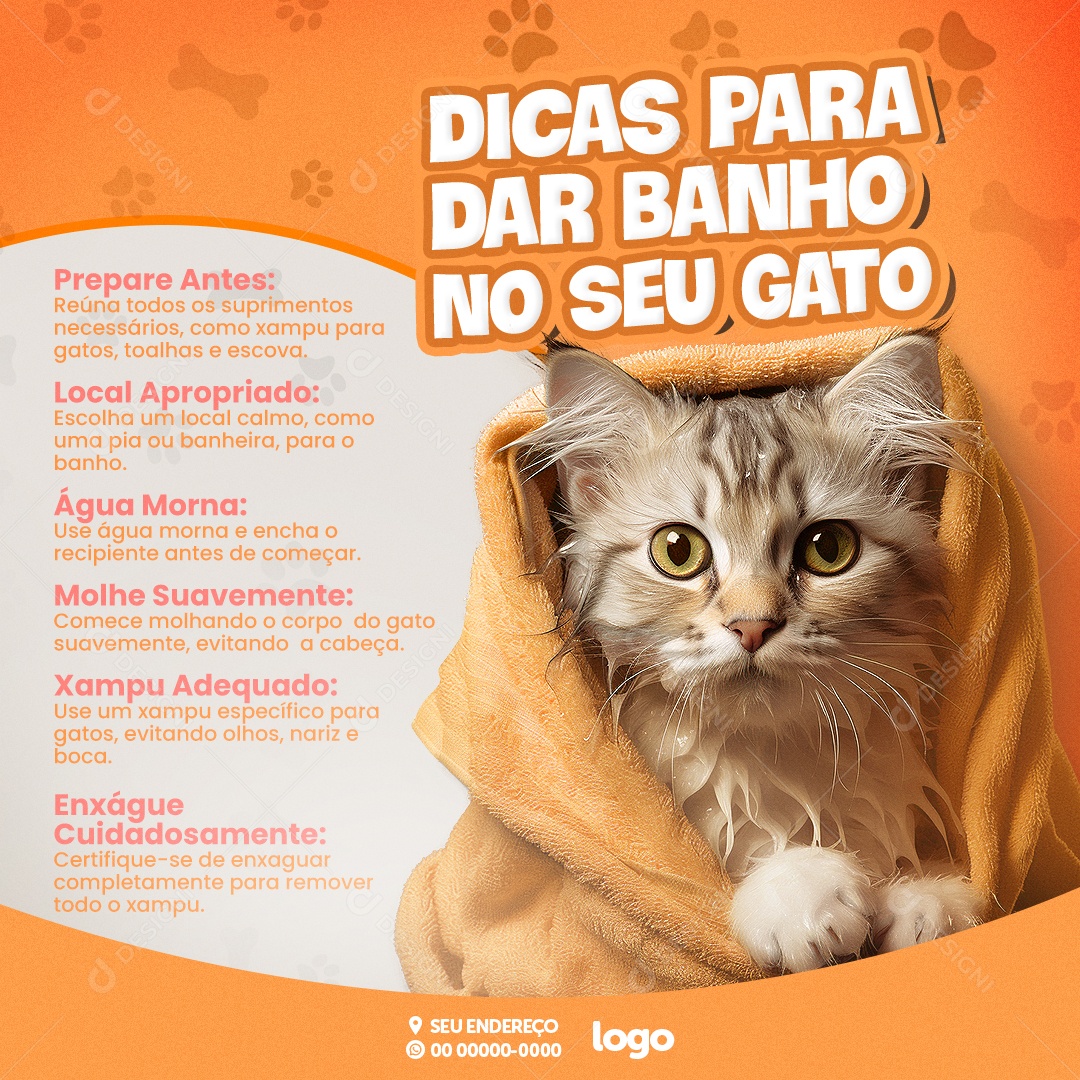 Pet Shop Dicas para dar Banho no seu Gato Água Morna Xampu Adequado Enxágue Cuidadosamente Social Media PSD Editável