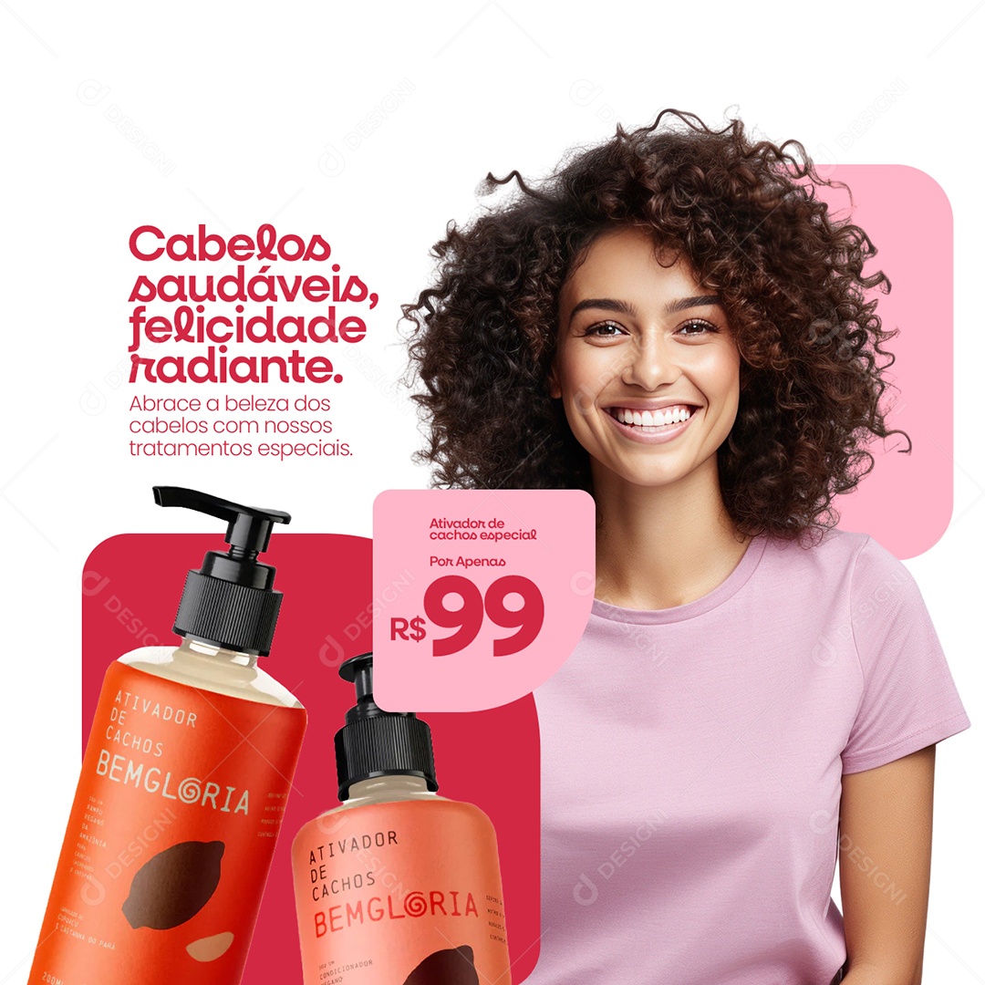 Cosméticos Cabelos Saudáveis Felicidade Radiante Ativador de Cachos Creme Social Media PSD Editável