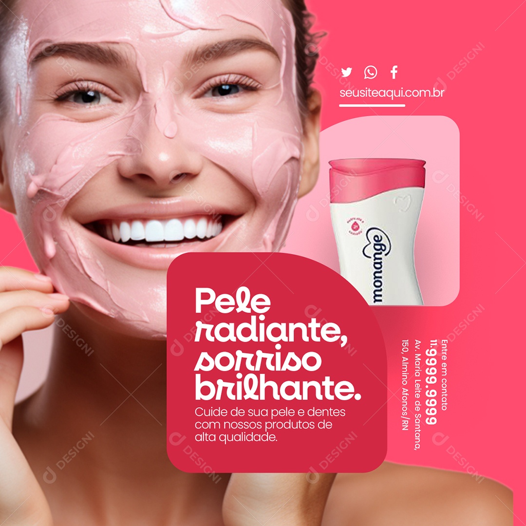 Cosméticos Pele Radiante Sorriso Brilhante Social Media PSD Editável