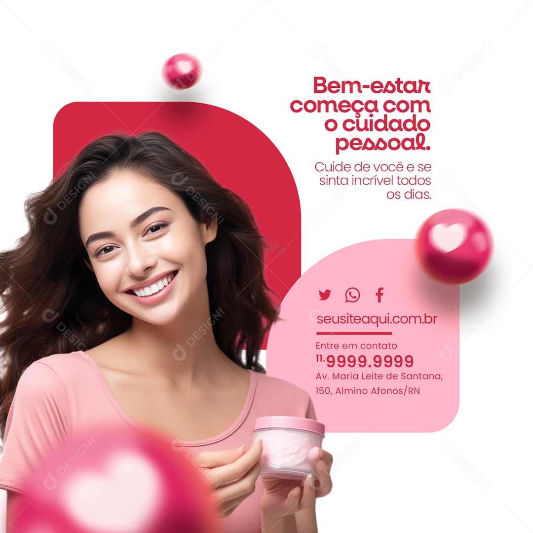 Cosméticos Bem Estar Começa com o Cuidado Pessoal Social Media PSD Editável