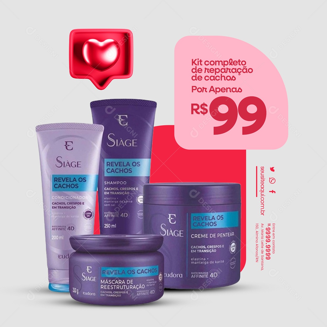 Cosméticos Kit Completo de Reparação de Cachos Social Media PSD Editável