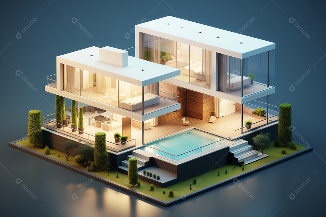 Exterior do estilo mínimo da casa isométrica moderna, conceito imobiliário