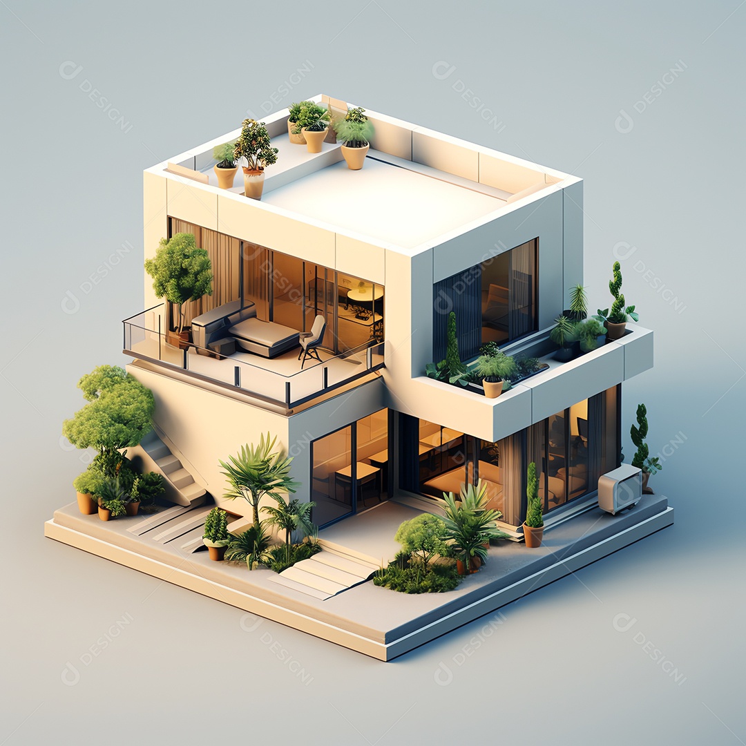 Exterior do estilo mínimo da casa isométrica moderna, conceito imobiliário