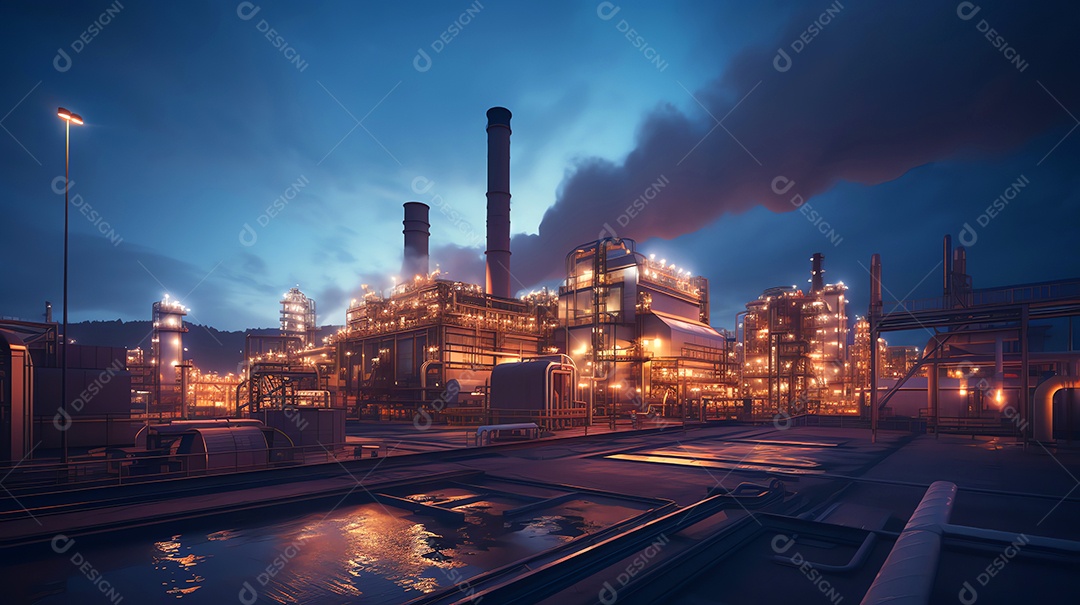 Vista panorâmica da usina elétrica de turbina a gás no fundo do céu crepuscular, conceito da indústria