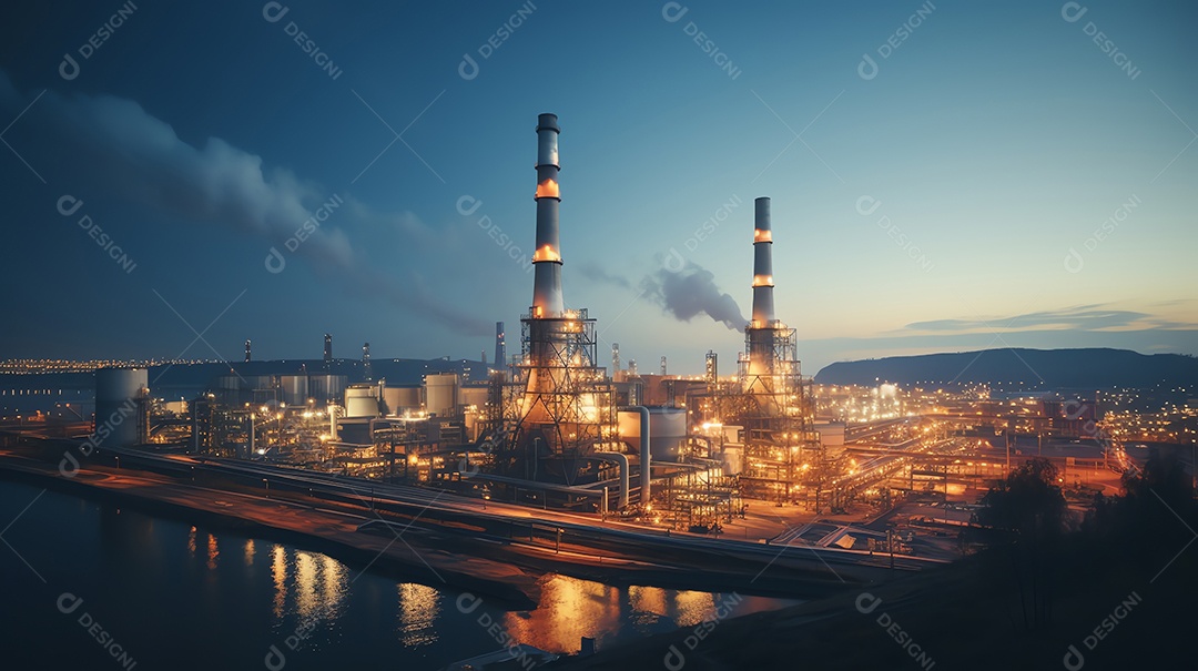 Vista panorâmica da usina elétrica de turbina a gás no fundo do céu crepuscular, conceito da indústria