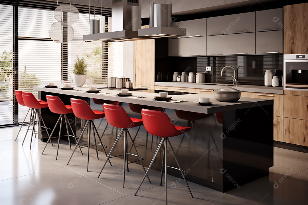 Interior de sala de cozinha de design luxuoso moderno, mesa de ilha de jantar com cadeiras